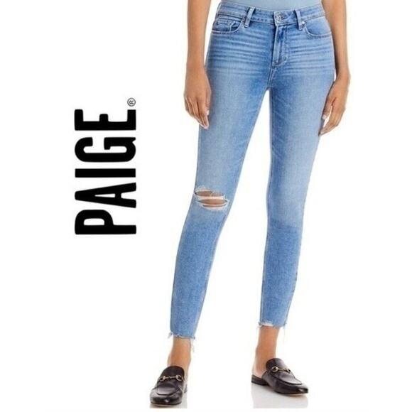 PAIGE Verdugo Ankle Skinny Jeans Sz 32 Distressed Hem Destructed Blue 32 X 27 - Picture 1 of 11